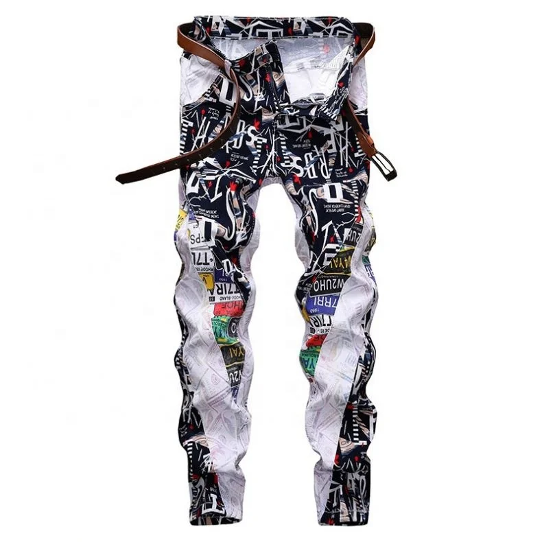 

Jhcentury New Stretch Slim Straight Leg Print Jeans Casual Pants Trousers, White