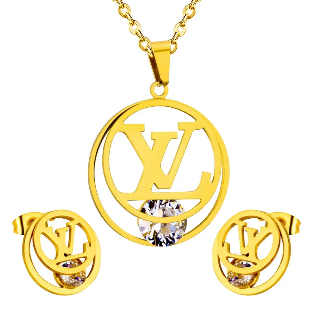 Fashion Stainless Steel Wholesale Prices Crystal Gold Filled alphabet Charm Necklace Earrings Jewelry Sets with Rhinestone