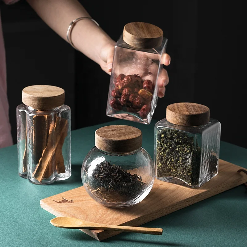 

Japanese Style Acacia Wood Tea Leaves Jar Food Spice Storage Bottles Kitchen Glass With Lid, Clear