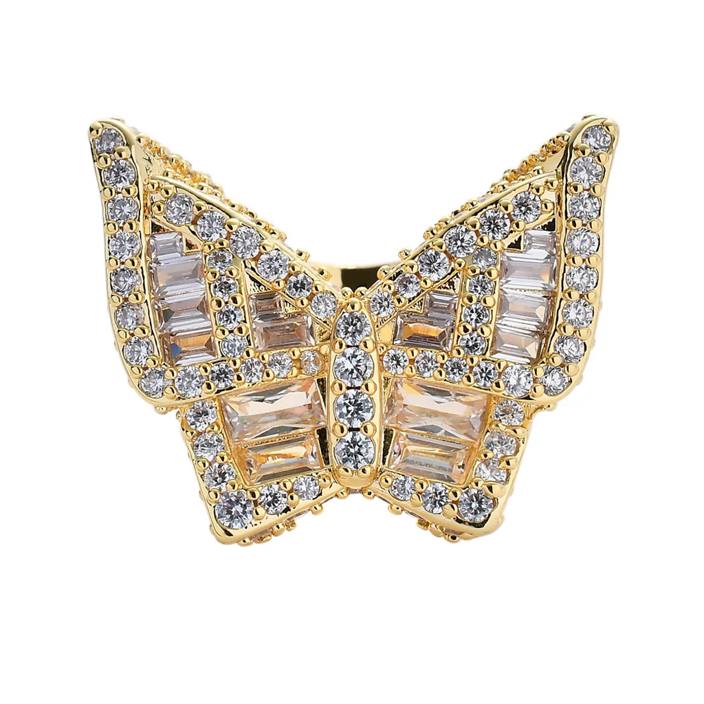 

new micro-set baguette cubic zirconia hip hop rings butterfly hiphop ring exaggerated street style men and women hiphop rings