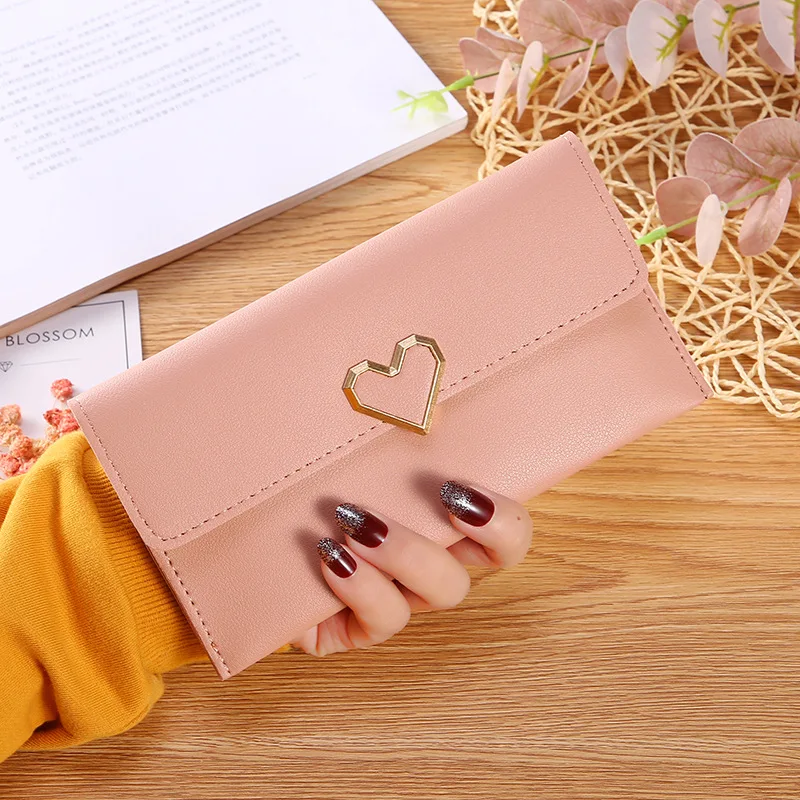 

2021 Fashion purse leather heart shape Cheap long pink women wallets