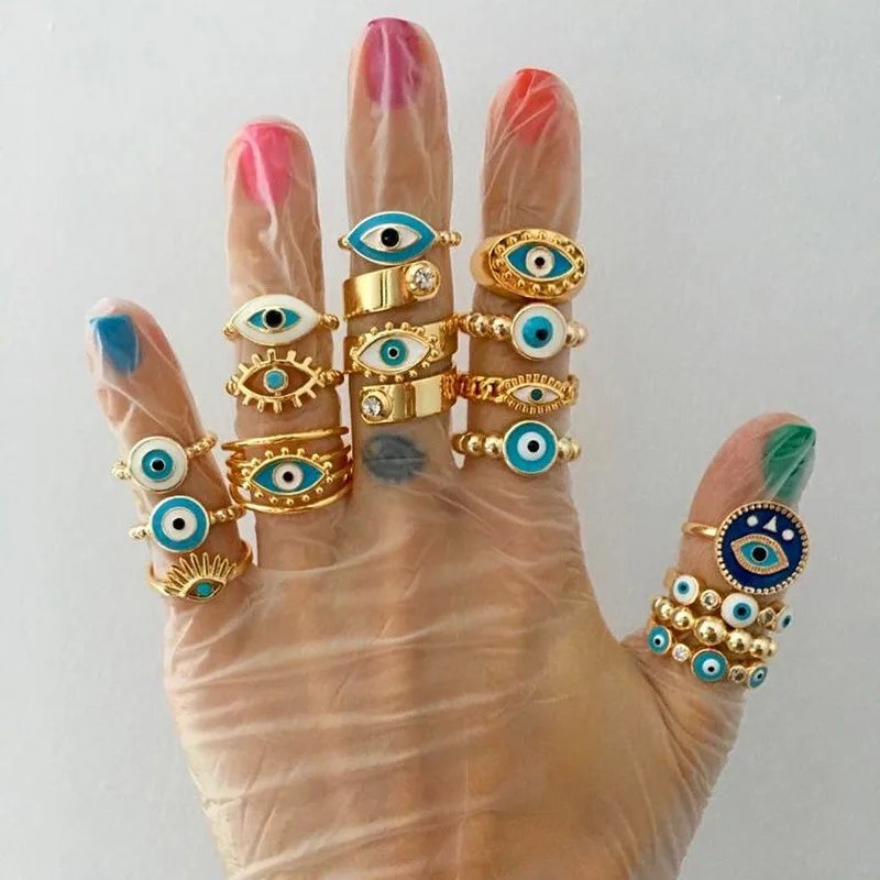 

Hot Selling Dainty Turkish Blue Eye Finger Accessories Trendy Gemstone Enamel Women Gold Plated Evil Eye Ring Adjustable