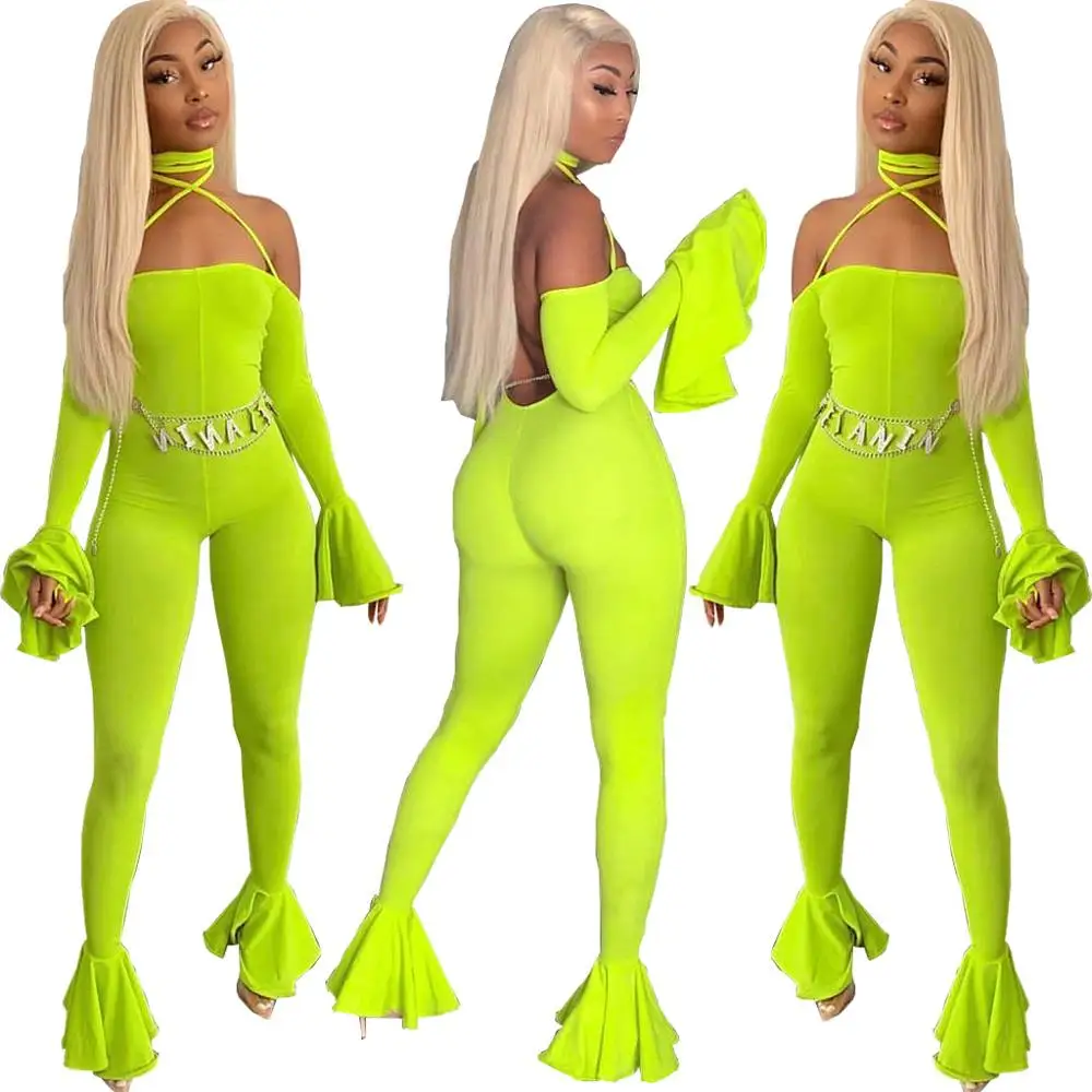2019 New arrival women jumpsuits trendy sexy club party one piece neon pants flare bell bottom backless jumpsuit