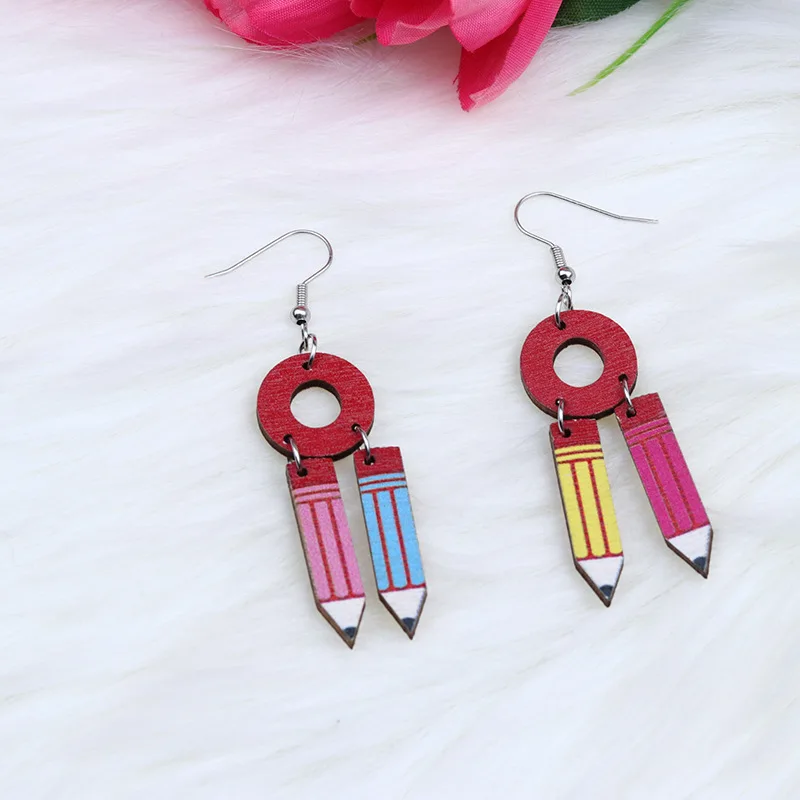 

Fashion Teachers' Day Gift Personalized Wooden Red Heart And Pencil Pendant Earrings Wholesale