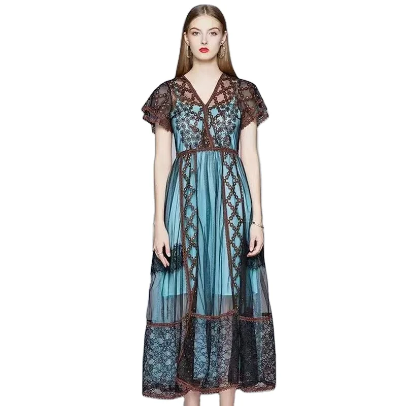 

High-end Summer Women Vintage Midi Dresses Embroidery Elegant Lady Slim A-line Party Embroidered Mesh Dress S-XL