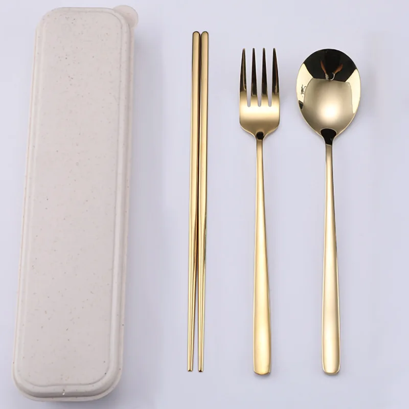 

Portable 304 Stainless Steel Flatware Set Gold Fork Spoon Chopsticks With Case Travel Cutlery Set, Silver,gold,rose gold,rainbow,black