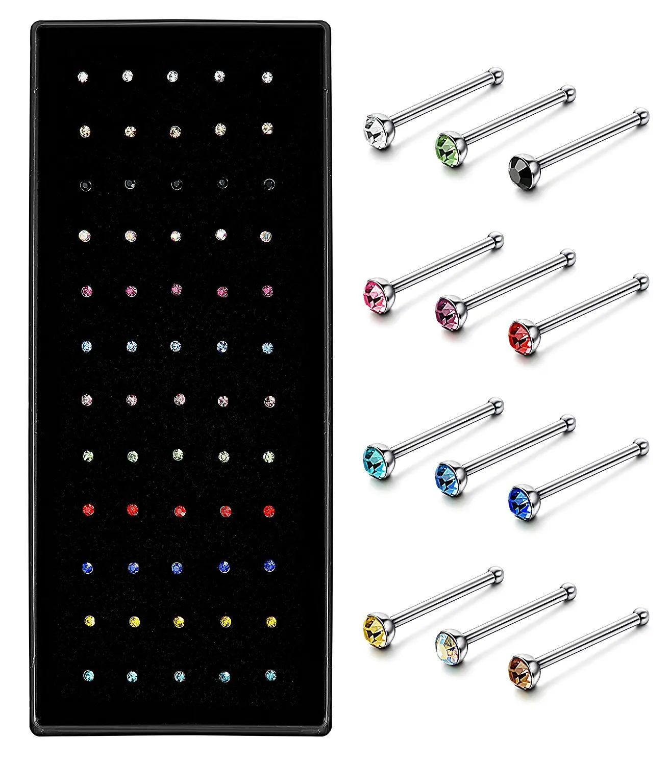 

60 pieces/pack Stainless Steel Crystal Nose Ring Set Women Girl Surgical Steel Nose Piercing Crystal Nose Stud Lot Body Jewelry, Sliver