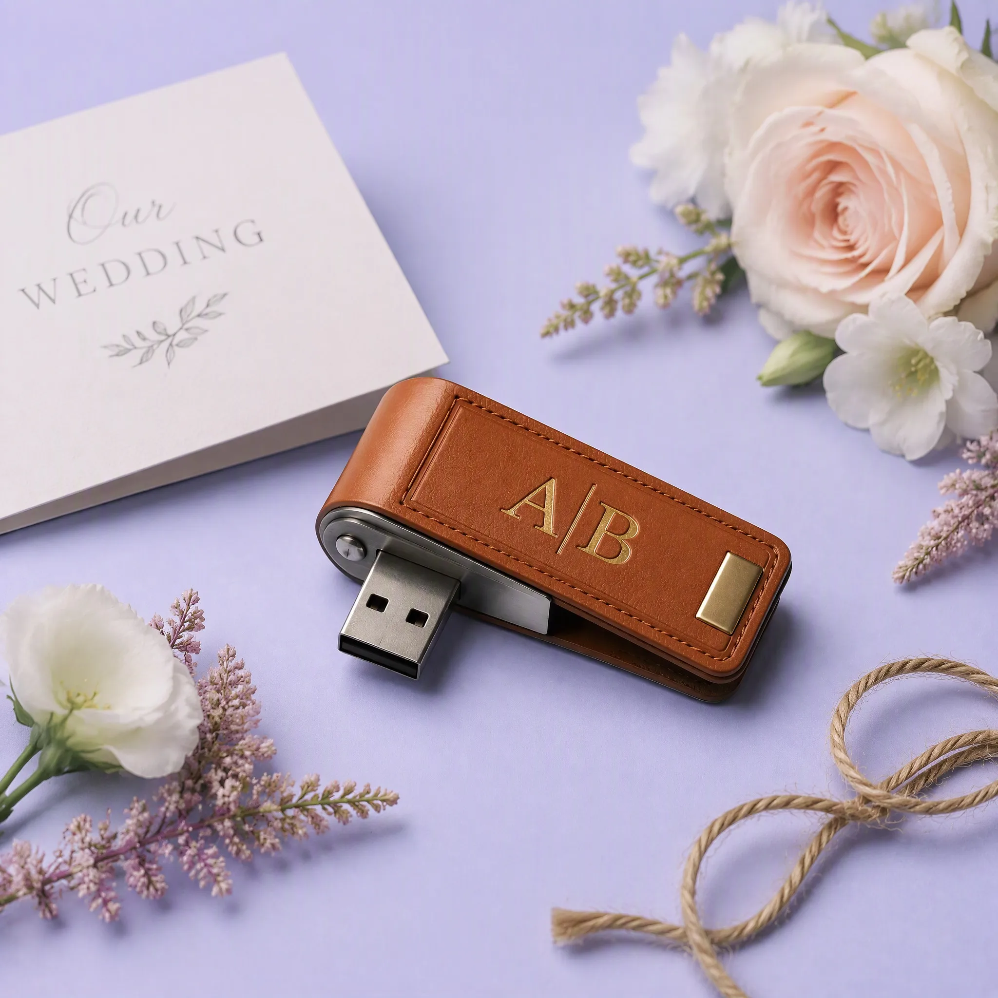 Romantic Wedding Setup with Our Wedding Card, Blush Pink Rose, White Flowers, Jute Twine, and Tan Leather Monogram USB Drive