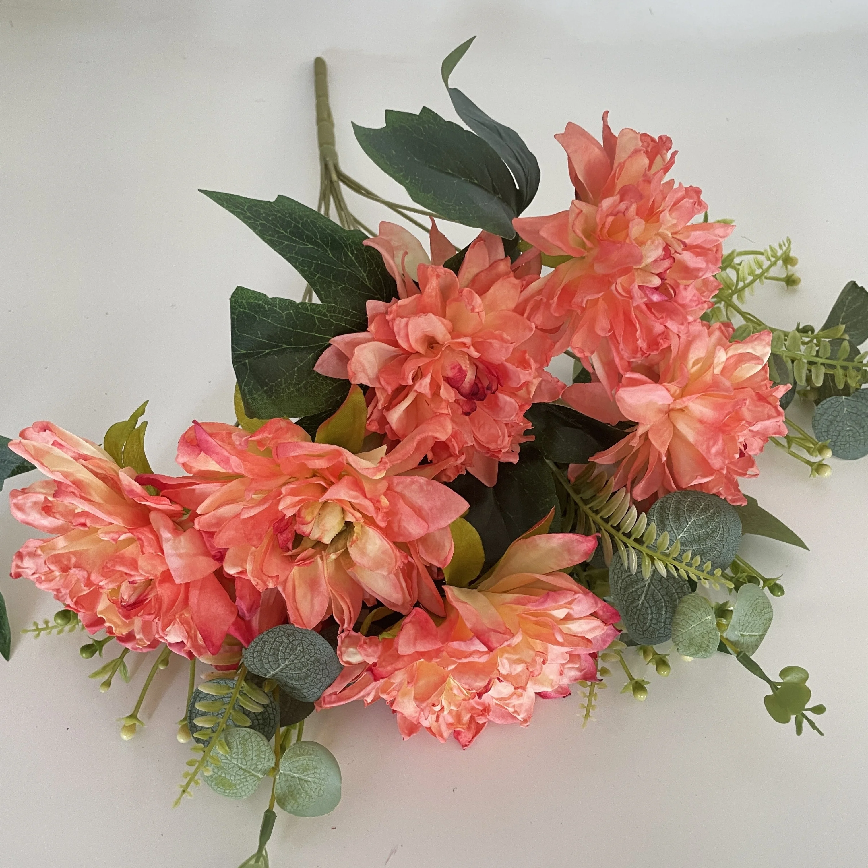 

Burnt edge 7 heads dahlia bushes silk artificial flowers dahlia bouquet for wedding home decor