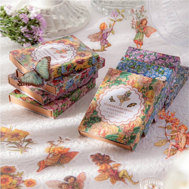 

45pcs per pack Flower Fairy Series Mini Boxed Stickers PET Scrapbook Diary Sticker Notebook DIY Label Handaccount Decor
