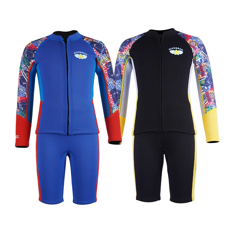 DIVE&SAIL Kids Premium 2.5mm Neoprene Split Long Sleeve Short Pants Super Elastic Front Zipper Boys Wetsuit Diving