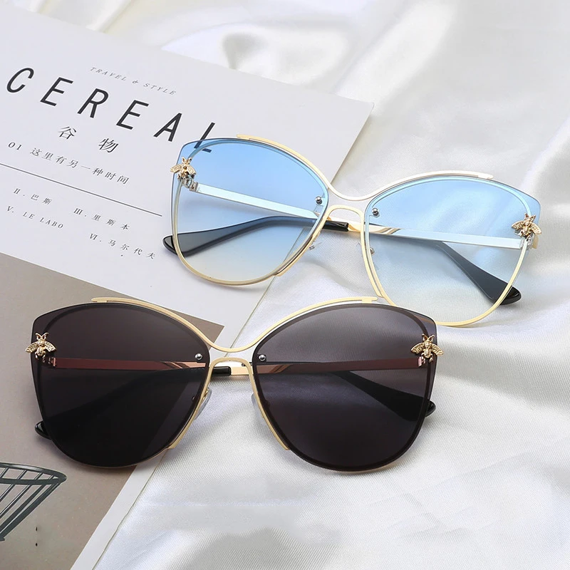 

Luxury Bee Round Sunglasses Frame Oversized Sun Glasses Female Gradient Shades Brand Designer Metal Retro Women Men UV400 PC