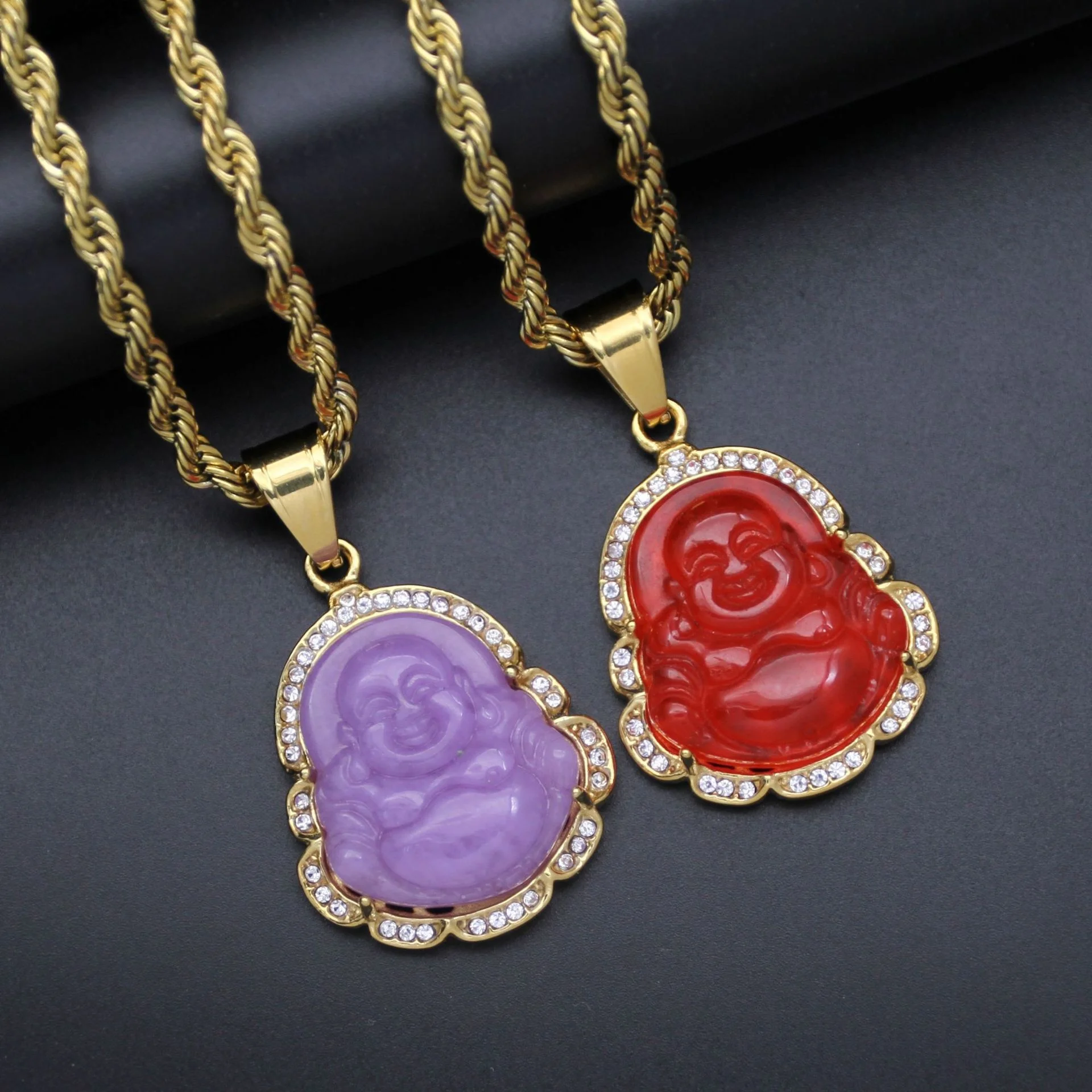 

Large Size Stainless Steel Zircon Green Pink Jade Crystal Laughing Buddah Necklaces Religious Maitreya Buddha Pendant Necklace