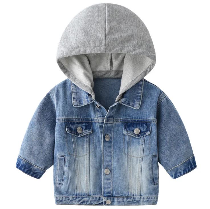 

Newest Free Shipping Kids Denim Hoodie Jacket with Detachable Hat Boys Patchwork Jeans Jacket Baby Fashion Hoodie Coat, Blue