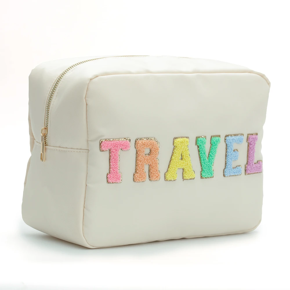 

Stock XL Size Personalized Embroidery Letter Patch Customized Women Cosmetic Toiletry Gift Nylon Travel Cosmetic Bag