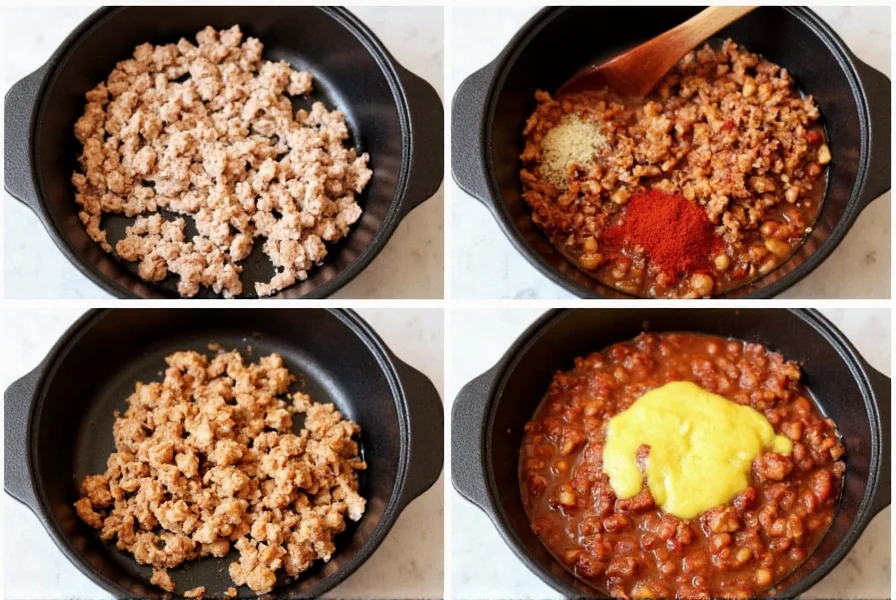 Step-by-step preparation of easy turkey chili in a cast iron pot with ground turkey, beans, and spices
