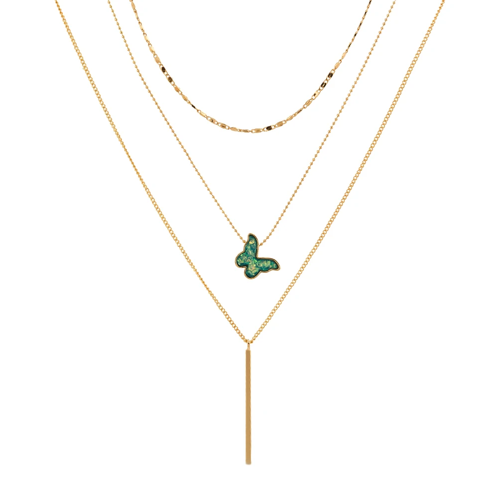 

Delicate Light Blue Butterfly Gold Square Brass Bar Multilayered Necklace Woman Fashion Jewelry