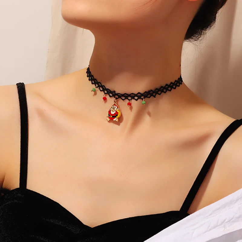 

Cartoon Cute Black Lace Father Christmas Pendants Choker Double Layer Enameled Father Christmas Pendants Clavicle Chain Necklace, Picture shows