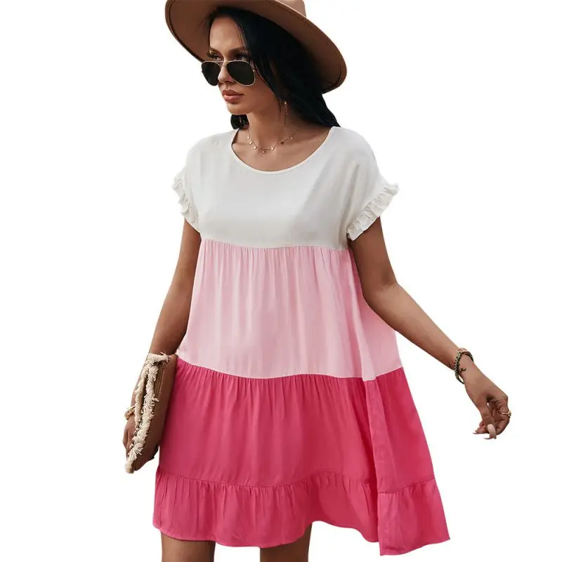 

2021 New Arrival Women summer contrast color short sleeve casual dresses women ladies dresses