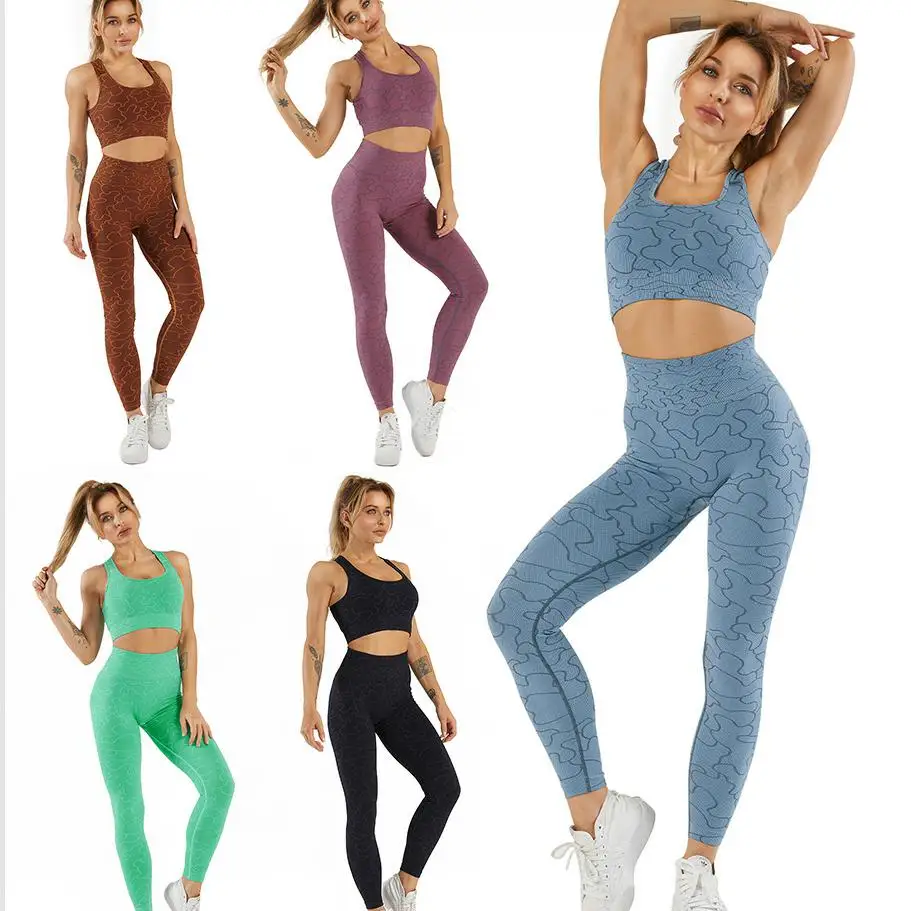 

High Quality new yoga print fitness sport workout clothing seamless two piece sets