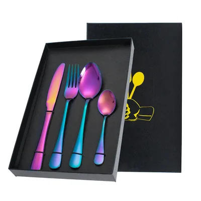 

Christmas 4 Pieces Stainless Steel Kid Cutlery Set Boxed Four-Piece Colorful Gold-Plated Steak Knife Fork And Spoon Gift Box Set, 5 color