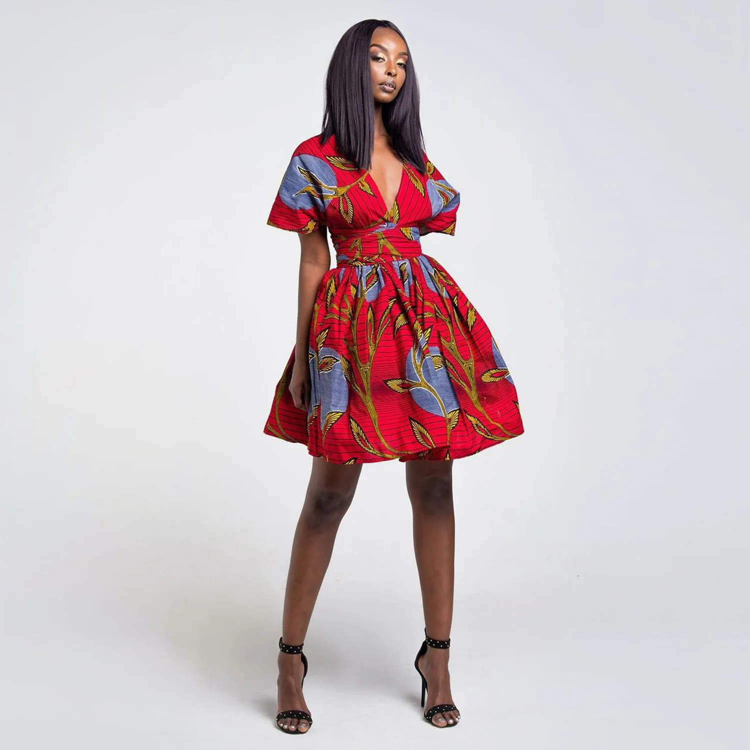 

Wholesale Amazon Africa Clothing Fashion Printed v Neck Diy Nightclub Backless Bandage Folds Sexy Summer Casual Dresses for women, Shown