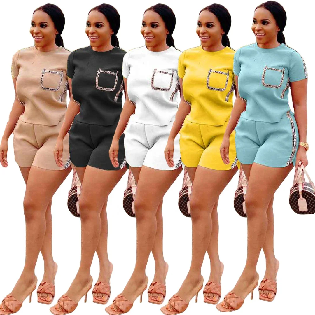 

MT85-6305 Women's hot style solid color plus gold trim casual short-sleeved T-shirt suit