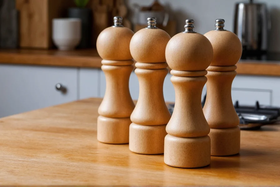 Close-up of various pepper grinders on wooden kitchen counter