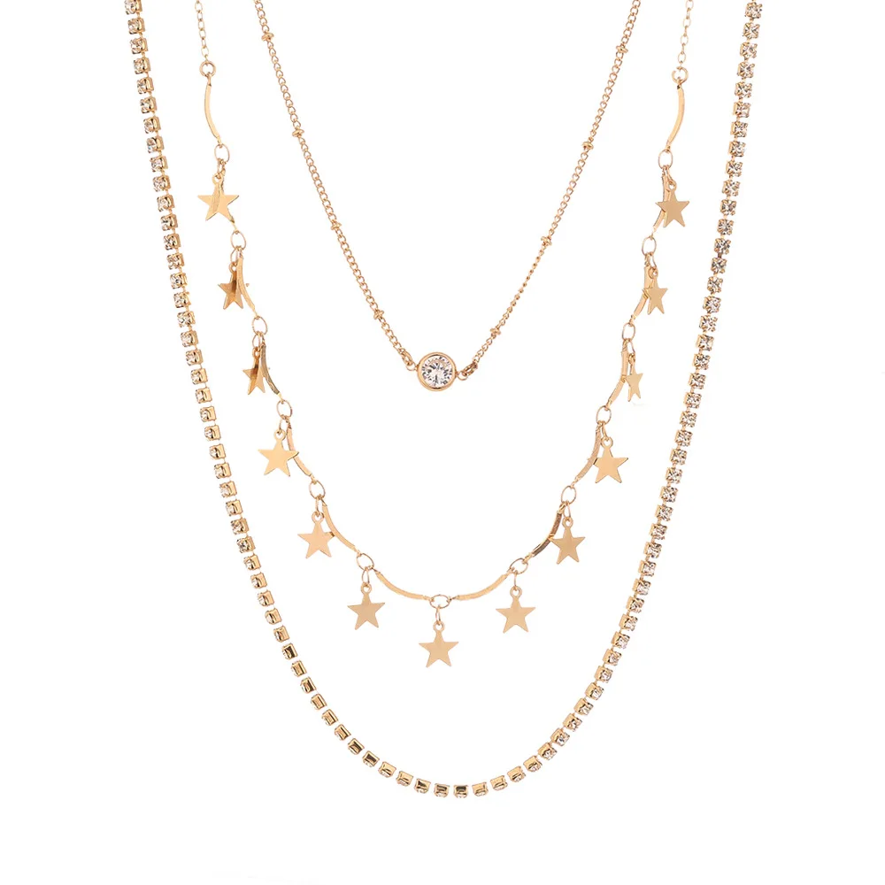 

Vintage Multilayer Crystal Pendant Necklace Women Gold Color Star Horn Crescent Choker Necklaces Jewelry