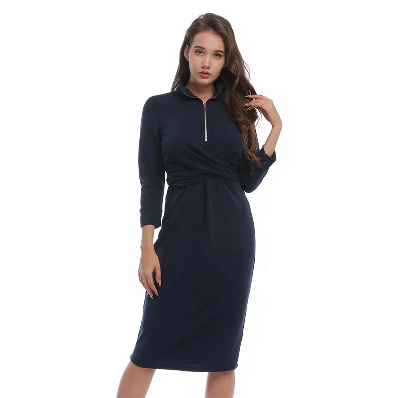 

Factory 2020 Winter Fashion Stand Collar Knee Long Sleeve Knit Royal Blue Solid Elegant Bodycon Women Dresses, Pic