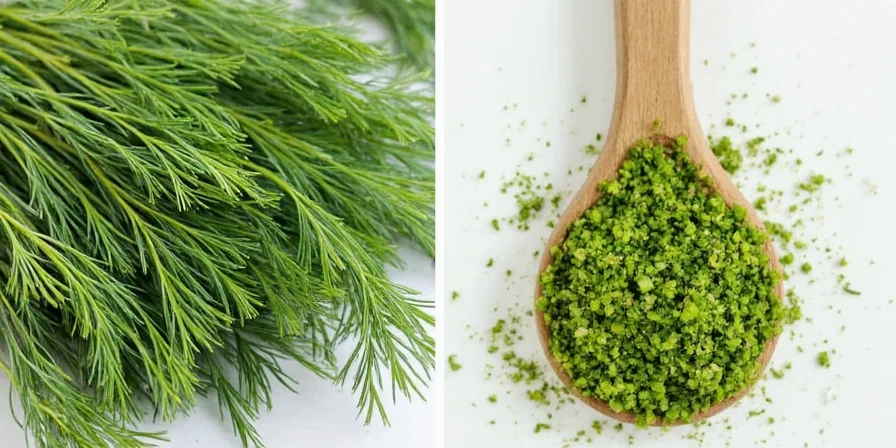 Comparison image showing fresh dill, dried dill weed, and dill seeds