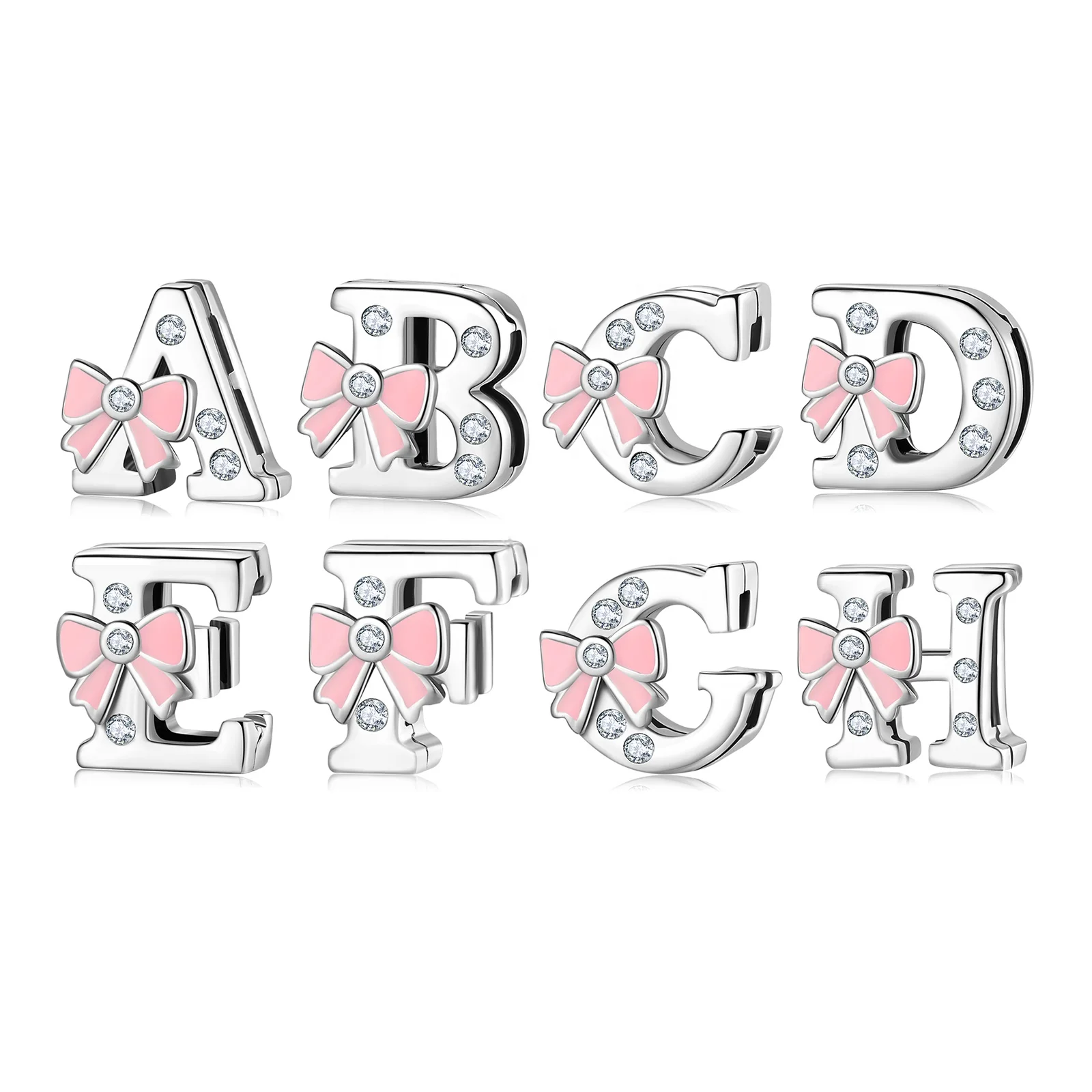 

Real 925 sterling silver Beautiful Pink bow Letter Alphabet V CZ Clips Bead Charms for Reflection Bracelet Wholesale jewelry