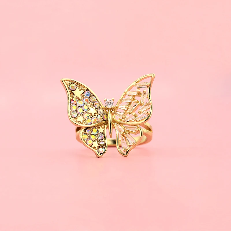 

14K Gold Plated Full Wave Gemstone Adjustable Hollow Metal Stone Butterfly Ring For Women Elegant Big Butterfly Ring