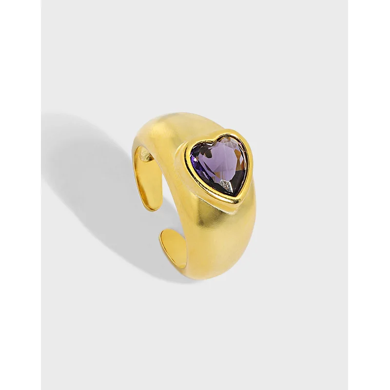 

INS Opening 18K Real Gold Plated Solid Silver Finger Rings Micro Inlaid Purple Diamond Heart Rings For Girlfriend