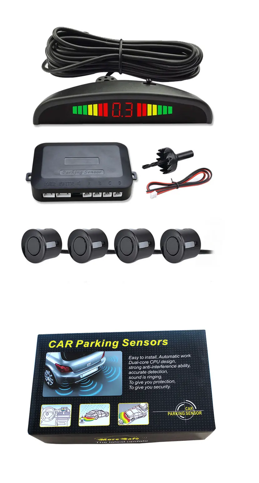 4 Parking Sensors Car Reverse Backup Radar System LED Display Sound Alert Alarm 