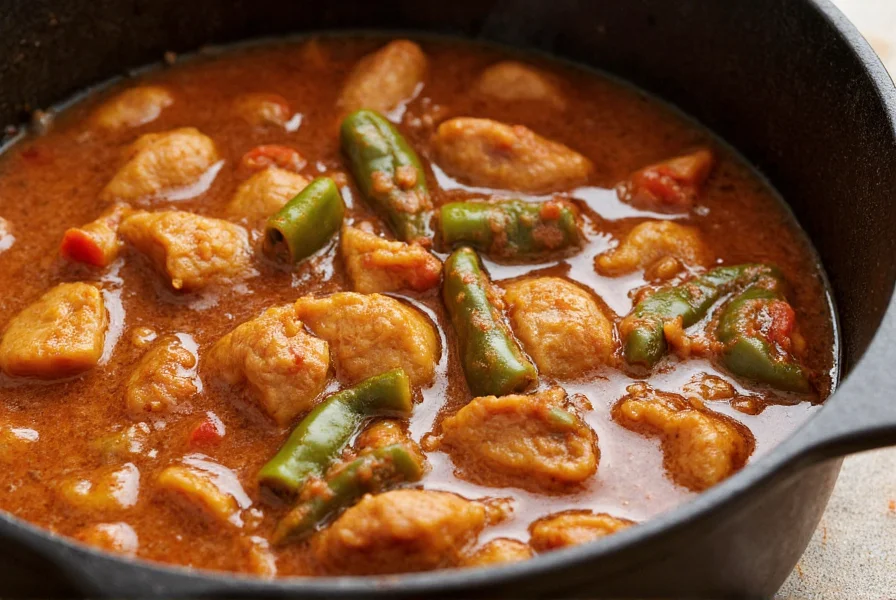 Traditional Colorado pork green chili simmering in cast iron pot