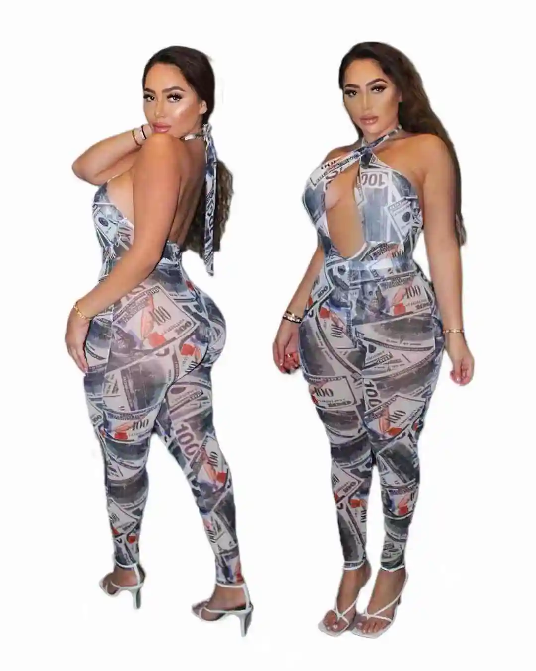 

2021 summer hot sale money print hollow out jumpsuits bodysuits with leggings two piece set sexy club dresses, As picture