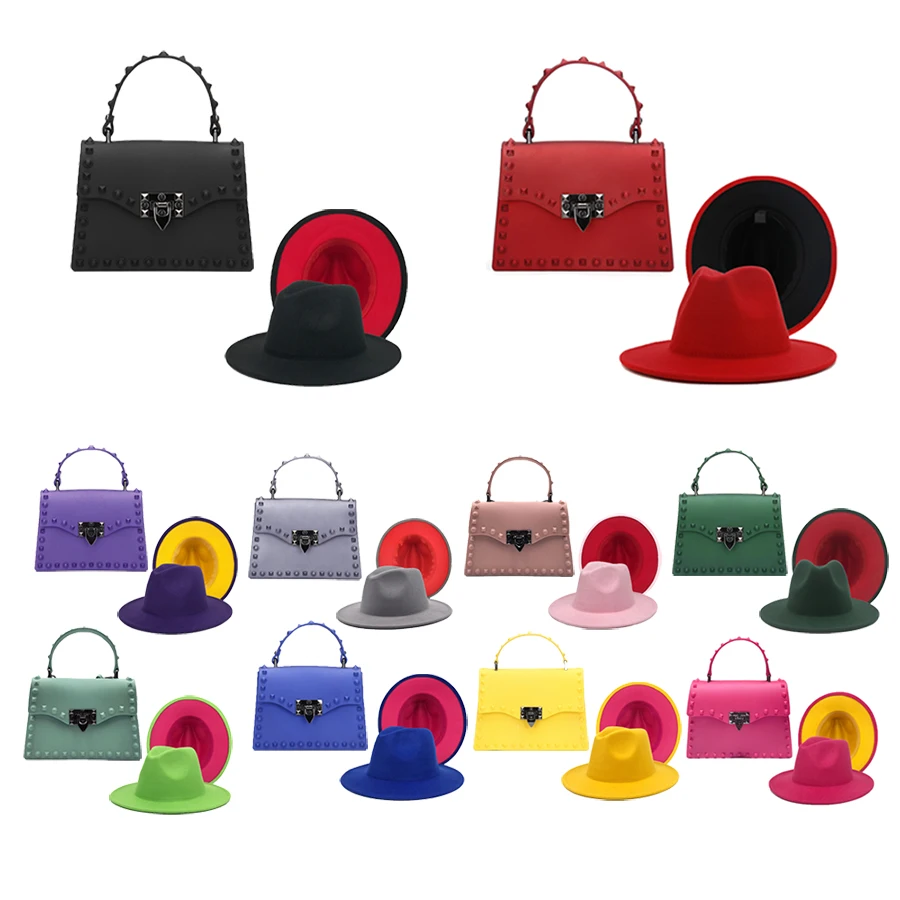 

2021 New arrivals women ny fedora hat and purse set ny rivet jelly bags handbags designer ladies hand bags for wholesale, 9 color