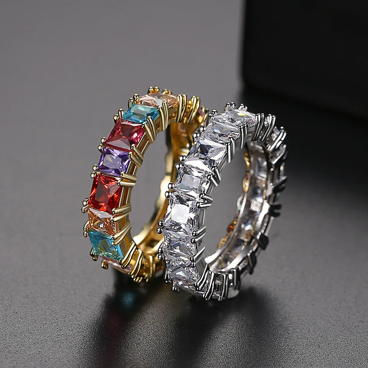 

HongTong Factory Spot Wholesale Amazon Hot New Trend Rainbow Color Hip Hop Single Row Zircon Ring For Women, Picture shows