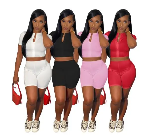 

2022 Women Solid Breathable Shorts 2 Two Piece Sets Zip Short Sleeve Suit Summer Women Set, As pictures
