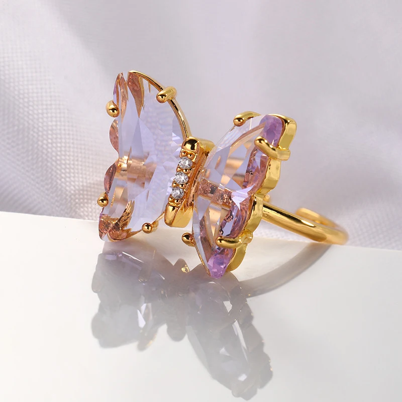 

Fashion gold plated big butterfly rings dainty adjustable glass butterfly ring for women