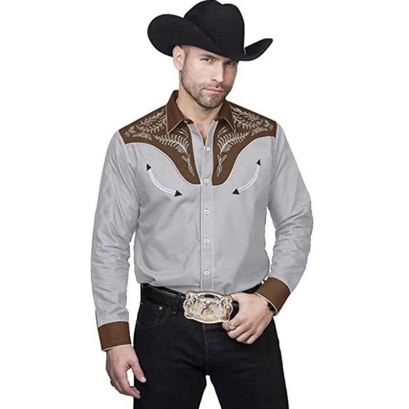wear2me Mens Stylish Cowboy Sequin Embroidered Western Long Sleeve Button Down Shirt