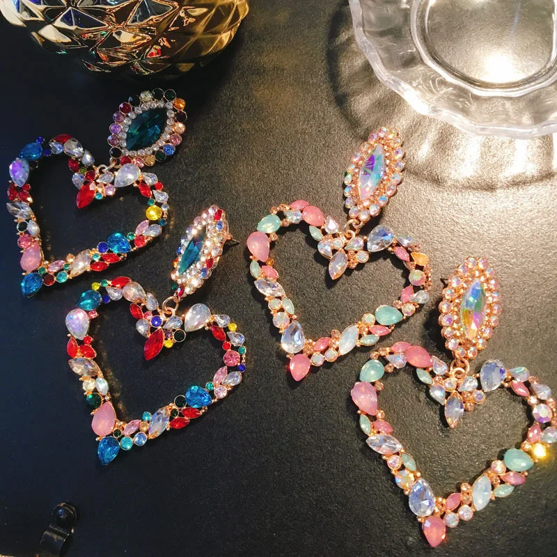 

NER008 Big Bling Crystal Bridal Heart Stud Earrings Women Multi Color Heart Earring, As customized