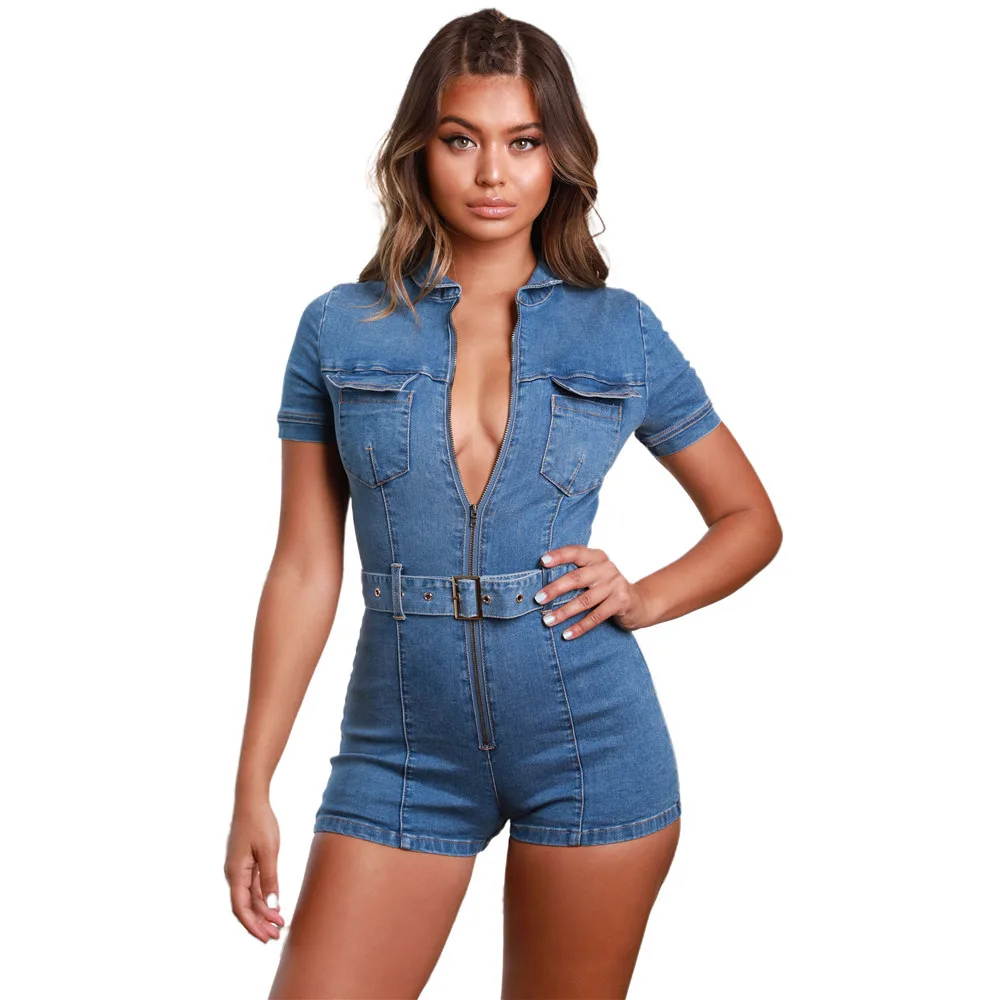 

10601-30 sexy zipper denim one piece jumpsuit women sehe fashion