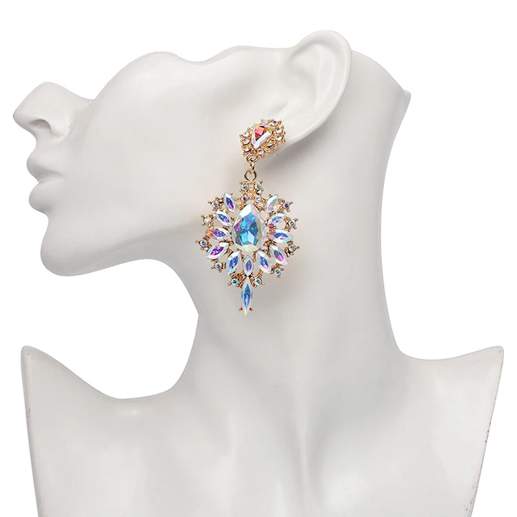 

Hot sale bohemian women luxury glisten AB color alloy crystal rhinestone diamond statement earrings fashion accessories, 3 colors