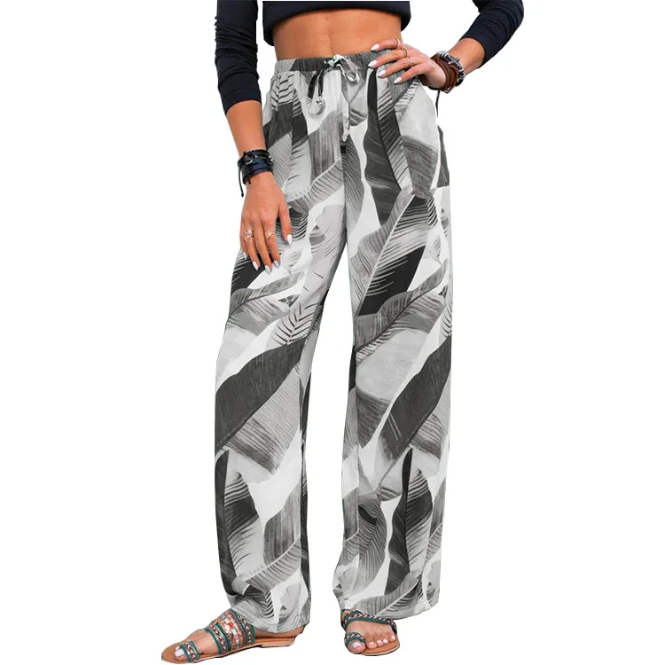 

Hot Selling Plus size Autumn Women Wide Leg Pants Hawaiian Style Big Leaf Print High Waist Loose Beach Street Lady Long Pants, As picture