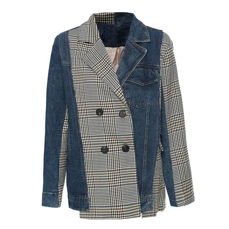 

OUDINA New Arrival Irregular Blazer Denim Jean Jackets Women Plaid Jacket, Black/khaki