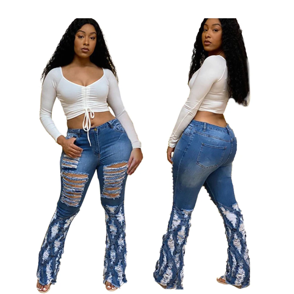 

2021 Wholesale Women Trousers Personality Street Trend Wide Leg Ripped Horn Bell Bottom Denim Women's Jeans