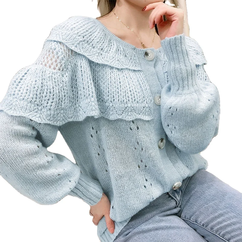 

factory wholesale Cute ruffled round neck hollow out cardigan girl openwork woolen mohair blend knitted sweater