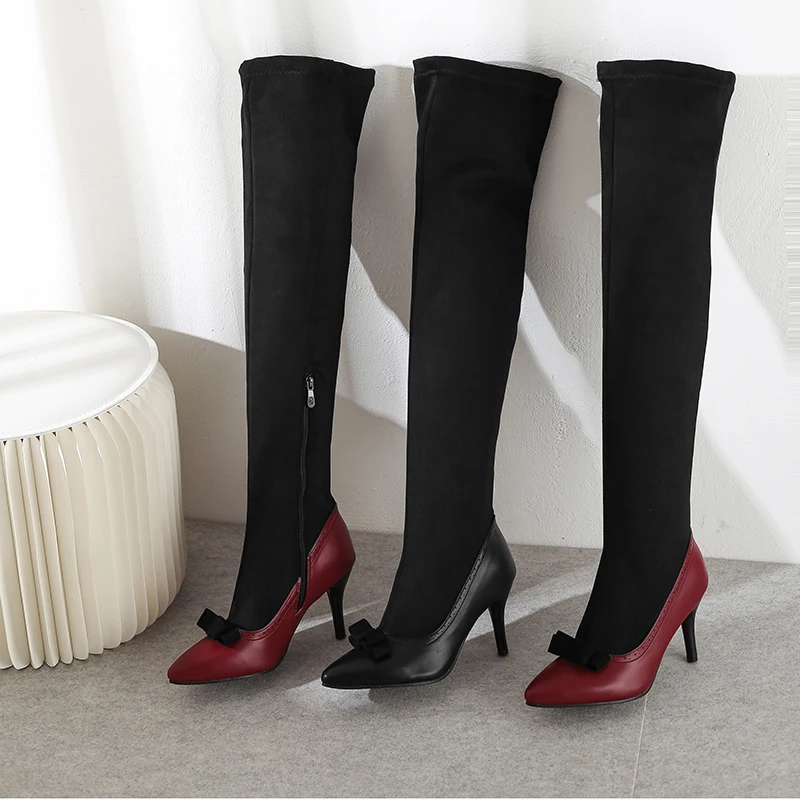 

Fall New Fashion Sexy Womens Leather Nightclub Knee High Boots Pointy Toe Stilettos Shoes, Black, wine red